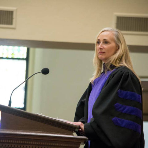 Photo of Associate Professor of Law Liz Fraley Speaking at Baylor Law's Commencement, Fall 2018